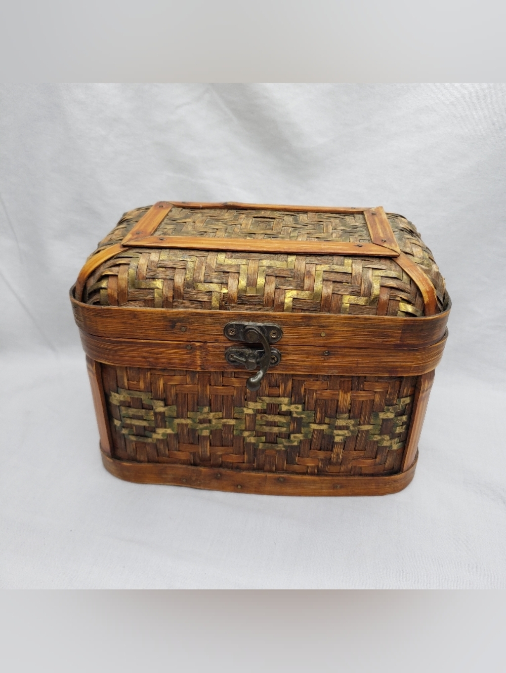 Hinged Woven Box with Metal Lock Woven Brass And Bamboo Accents